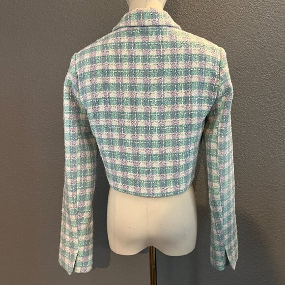 NWT ZARA Textured Plaid Cropped Blazer Jacket Bloggers Fav Turquoise & Lavender - Picture 6 of 16